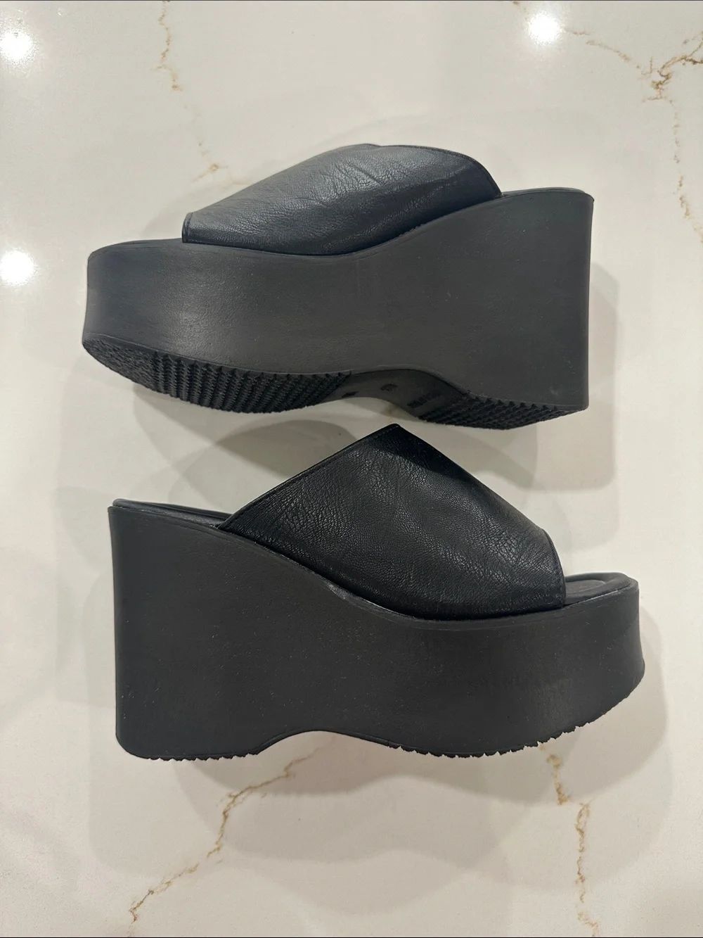 EricsT Black Leather Platform Wedge Slide Sandals